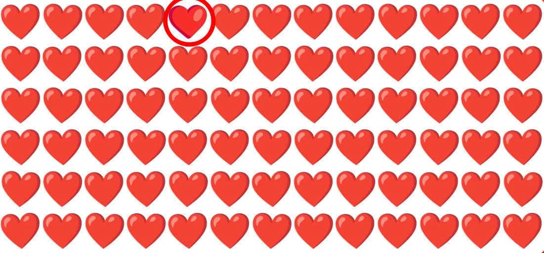 Луд пъзел за мъдреци: трябва да откриете странна емотиконка на сърце за 5 секунди Луд пъзел за мъдреци: трябва да откриете емотикона със странно сърце за 5 секунди